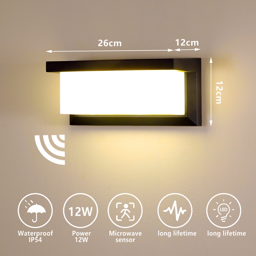 Brilagi - LED Udendørs væglampe med sensor BRICKY LED/12W/230V sort IP54