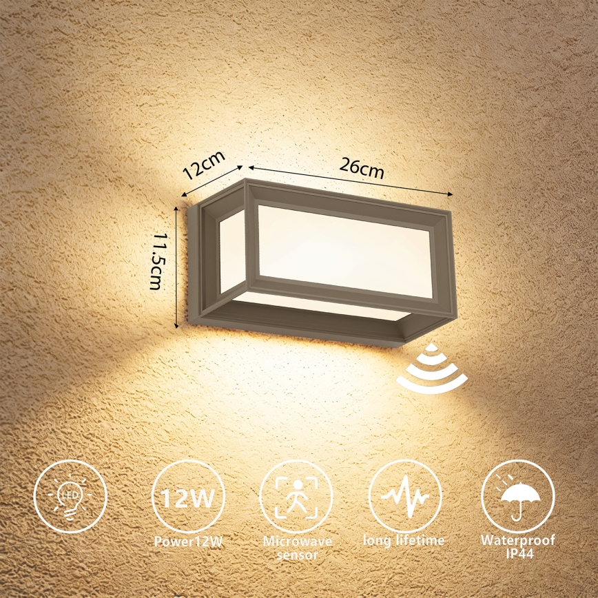 Brilagi - LED udendørs væglampe med sensor PARKER LED/12W/230V grå IP44
