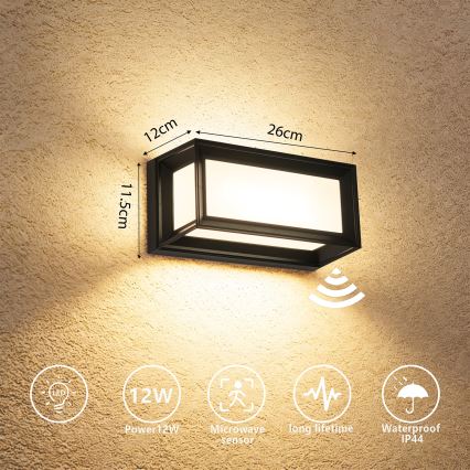 Brilagi - PARKER LED/12W/230V udendørs væglampe med bevægelsessensor, sort, IP44