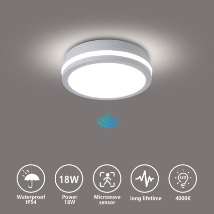 Brilagi - LED udendørs loftlampe med sensor BENE LED/18W/230V Ø 21,5 cm, hvid IP54