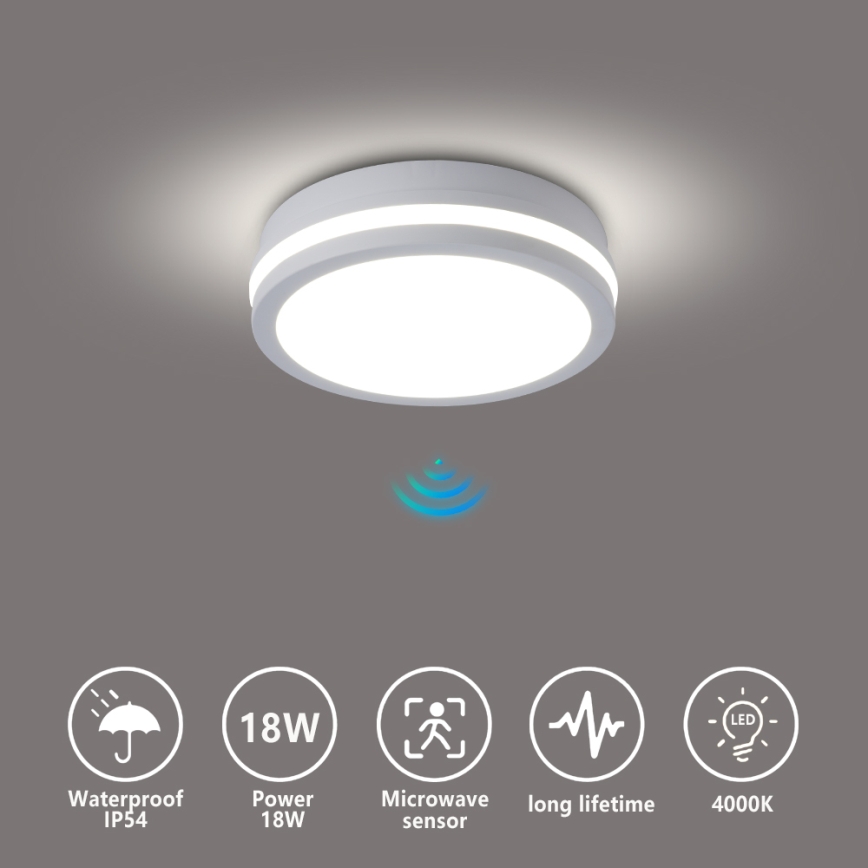 Brilagi - LED udendørs loftlampe med sensor BENE LED/18W/230V Ø 21,5 cm, hvid IP54