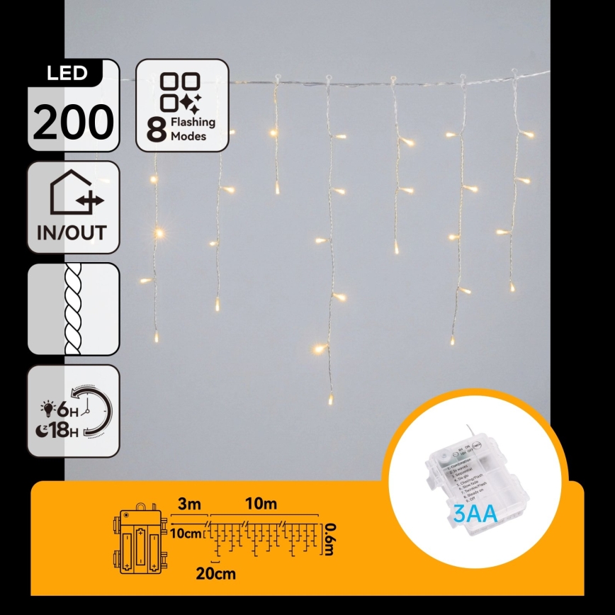 BRILAGI - LED udendørs julelyskæde 200xLED/3xAA/8 funktioner 13x0,6m IP44 varm hvid