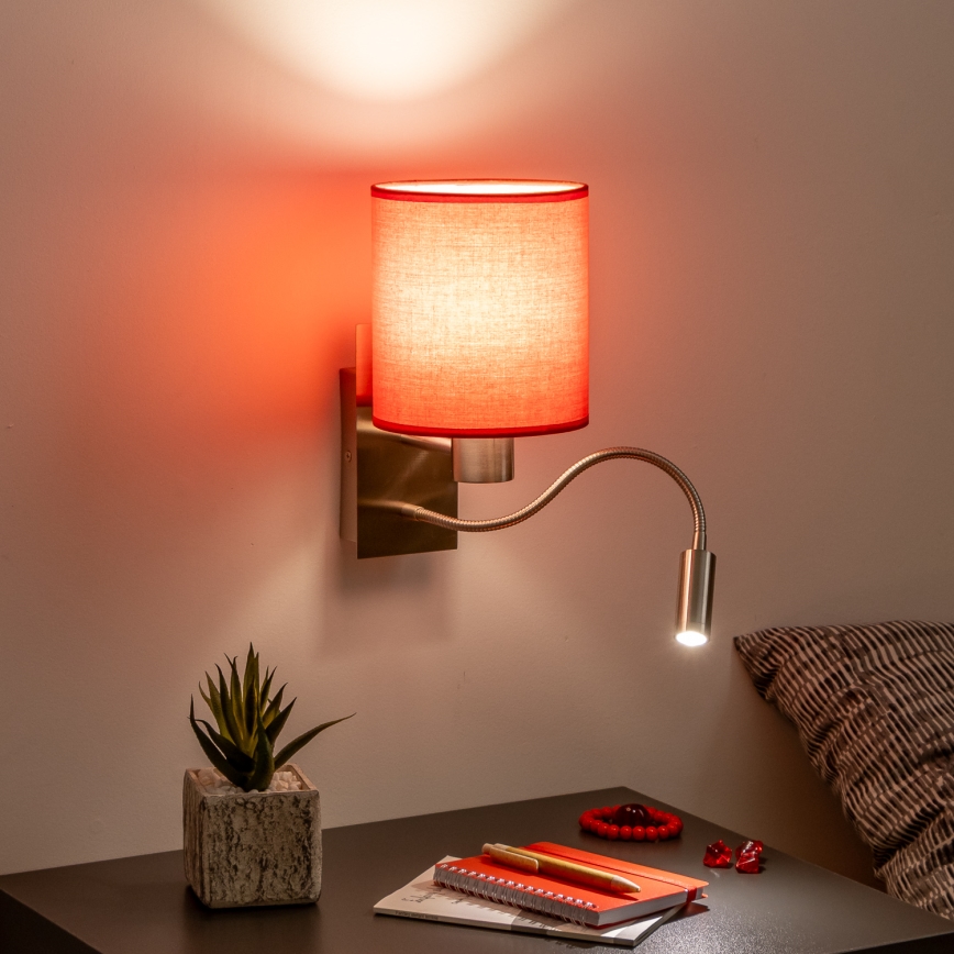 Brilagi - LED Fleksibel væglampe NUBILA 1xE27/25W/230V + LED/3W mat krom/rød