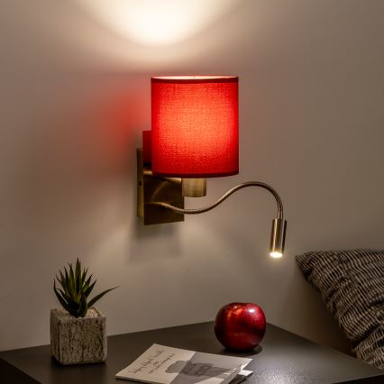 Brilagi - LED Fleksibel væglampe NUBILA 1xE27/25W/230V+LED/3W messing/pompejansk rød
