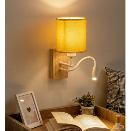 Brilagi - Fleksibel LED-væglampe NUBILA WOOD 1xE27/25W/230V + LED/3W eg/hvid/gul