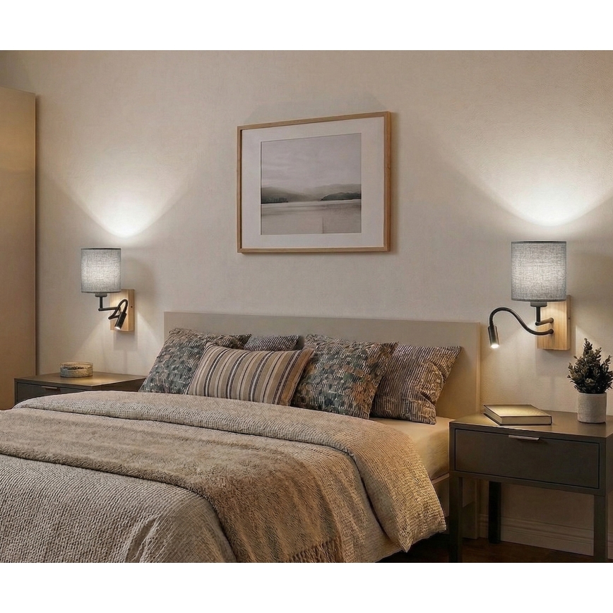 Brilagi - LED fleksibel væglampe NUBILA WOOD 1xE27/25W/230V + LED/3W eg/hvid/lysegrå