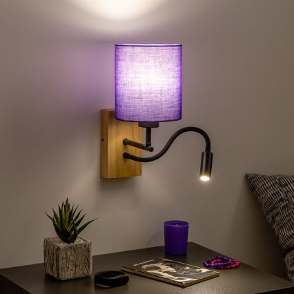 Brilagi - LED Fleksibel væglampe NUBILA WOOD 1xE27/25W/230V + LED/3W eg/lilla