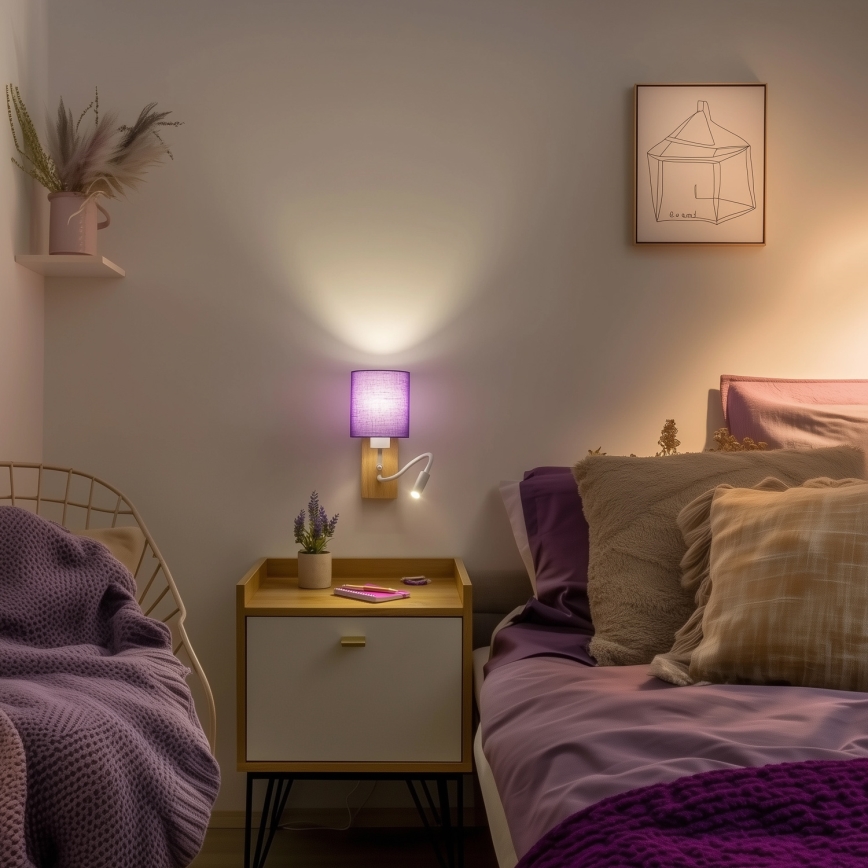 Brilagi - LED Fleksibel væglampe NUBILA WOOD 1xE27/25W/230V + LED/3W eg/lilla