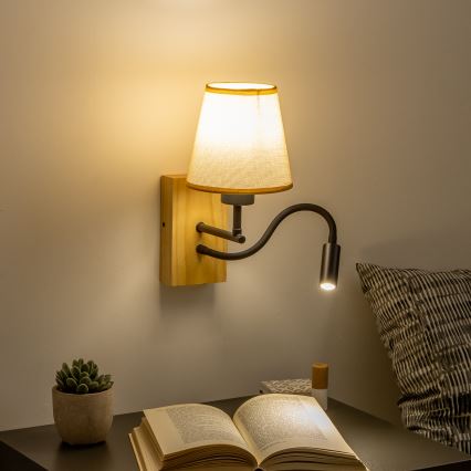 Brilagi - LED Fleksibel væglampe NUBILA WOOD 1xE27/25W/230V + LED/3W eg/lysebrun