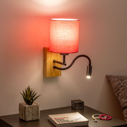 Brilagi - LED Fleksibel væglampe NUBILA WOOD 1xE27/25W/230V + LED/3W eg/lyserød