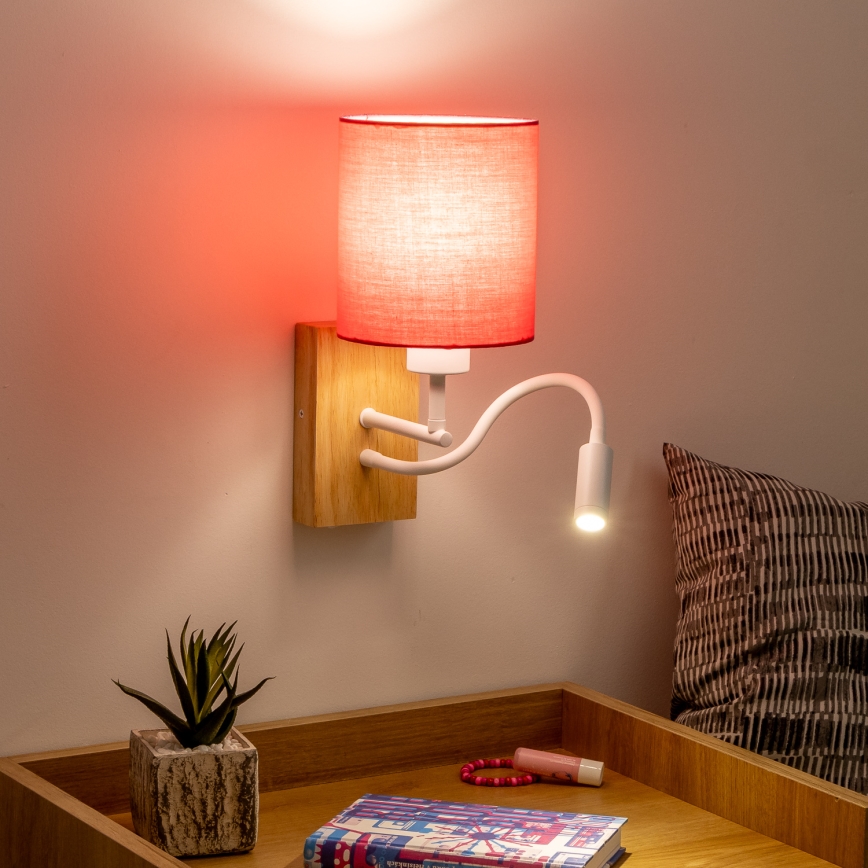 Brilagi - LED Fleksibel væglampe NUBILA WOOD 1xE27/25W/230V + LED/3W eg/lyserød