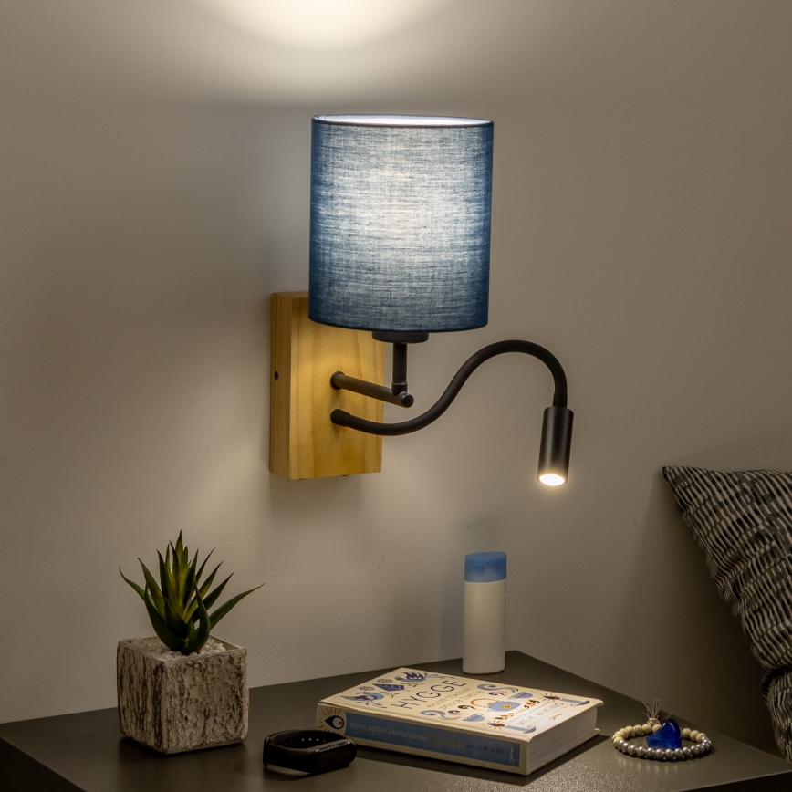 Brilagi - LED Fleksibel væglampe NUBILA WOOD 1xE27/25W/230V + LED/3W eg/mørkeblå