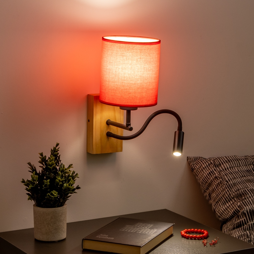 Brilagi - LED Fleksibel væglampe NUBILA WOOD 1xE27/25W/230V + LED/3W eg/rød