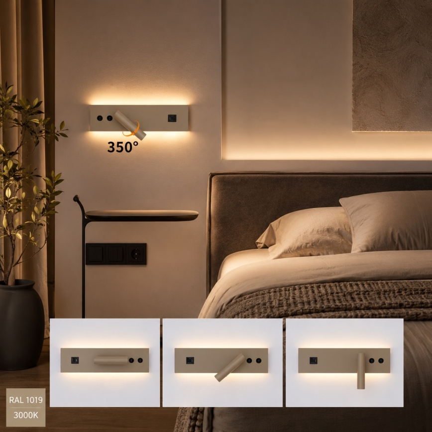 Brilagi - LED vægspot med USB-port NOCTIS LED/3W/230V + LED/9W beige