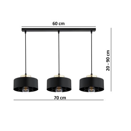 Brilagi - Loftlampe med wireophæng SPRING 3xE27/60W/230V sort/guld