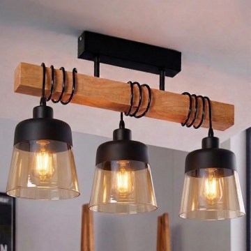 Brilagi - Loftmonteret lysekrone WOOD GLASS 3xE27/60W/230V fyr/sort/røgbrun