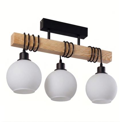 Brilagi - Loftmonteret lysekrone WOOD GLASS 3xE27/60W/230V fyrretræ/sort/hvid