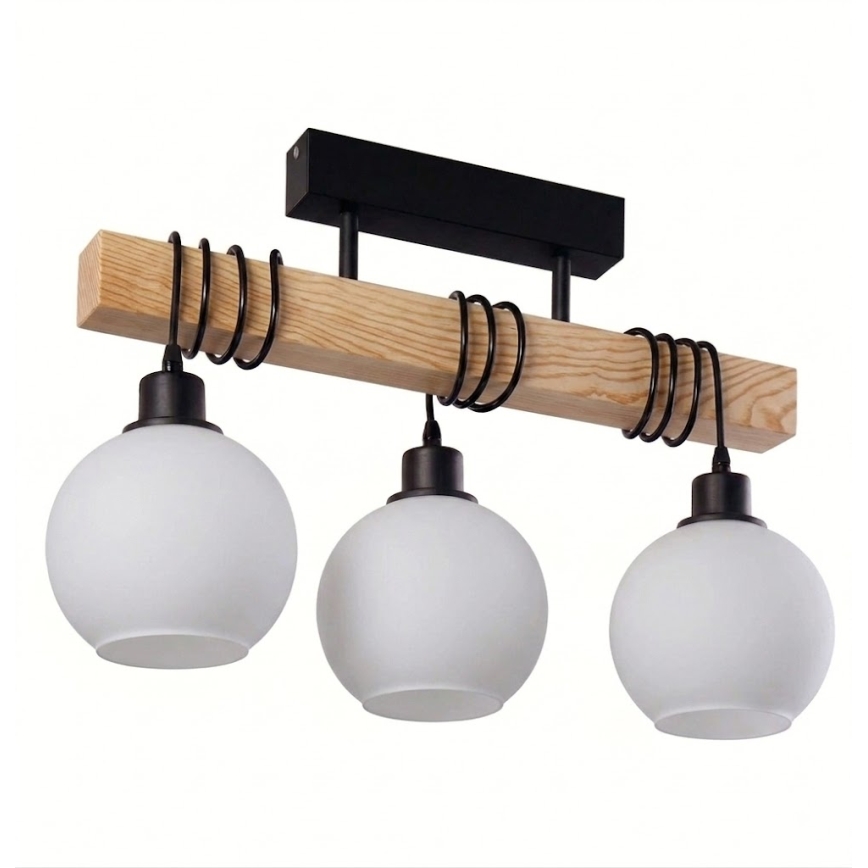 Brilagi - Loftmonteret lysekrone WOOD GLASS 3xE27/60W/230V fyrretræ/sort/hvid