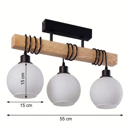 Brilagi - Loftmonteret lysekrone WOOD GLASS 3xE27/60W/230V fyrretræ/sort/hvid