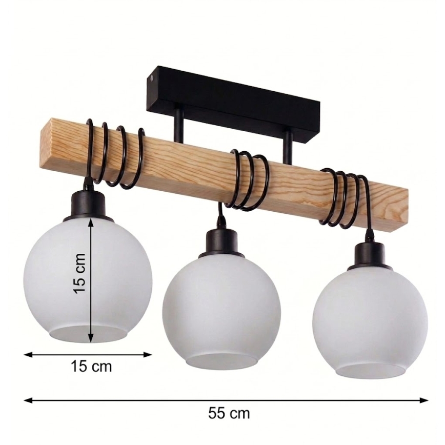 Brilagi - Loftmonteret lysekrone WOOD GLASS 3xE27/60W/230V fyrretræ/sort/hvid