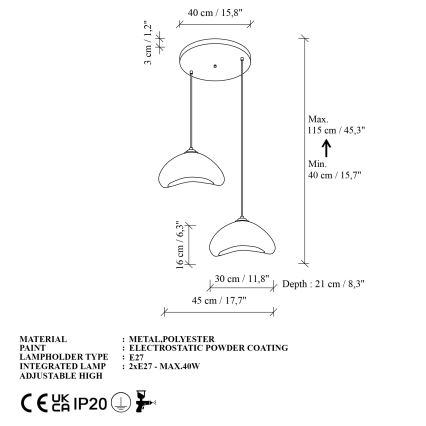 Brilagi - LUNA pendel på kabel 2xE27/40W/230V Ø 45 cm hvid