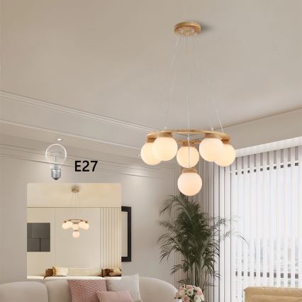 Brilagi - Lysekrone med kabel VISBY WOOD 6xE27/60W/230V Ø 58 cm, gummitræ