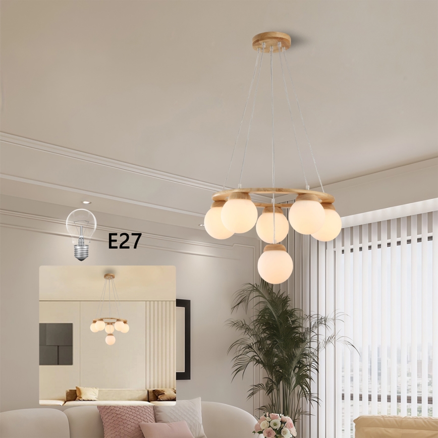 Brilagi - Lysekrone med kabel VISBY WOOD 6xE27/60W/230V Ø 58 cm, gummitræ