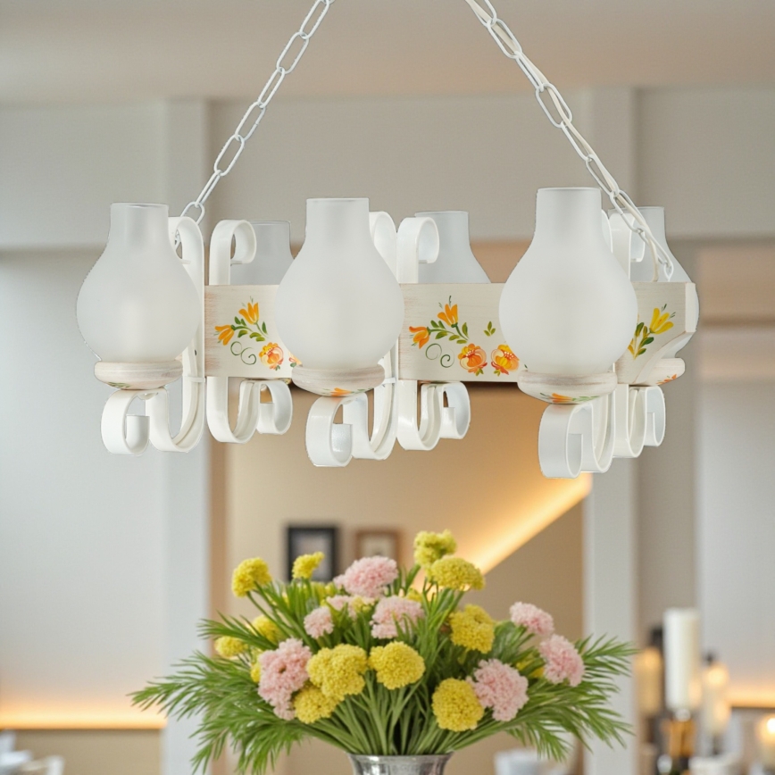 Brilagi - Lysekrone med kæde QUEEN 6xE14/40W/230V bøg/cremefarvet