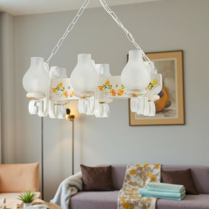 Brilagi - Lysekrone med kæde QUEEN 6xE14/40W/230V bøg/cremefarvet