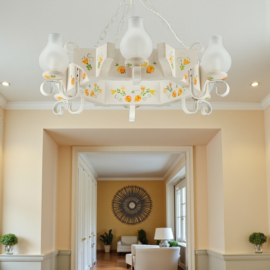 Brilagi - Lysekrone med kæde QUEEN 6xE14/40W/230V bøg/cremefarvet