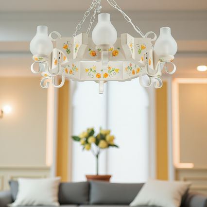 Brilagi - Lysekrone med kæde QUEEN 6xE14/40W/230V bøg/cremefarvet