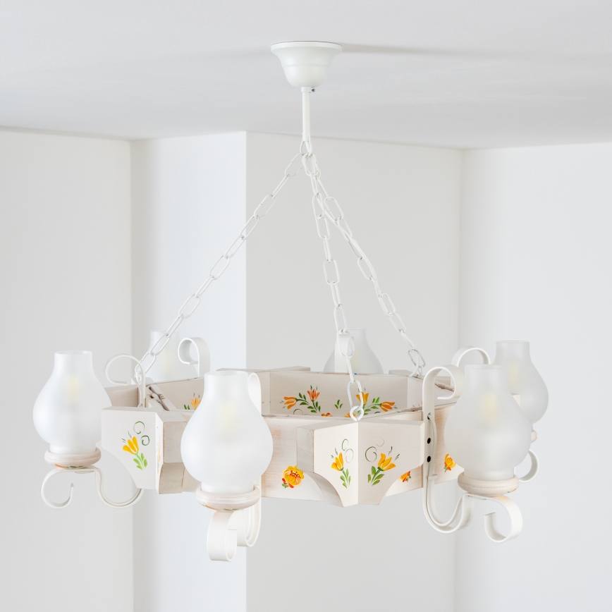 Brilagi - Lysekrone med kæde QUEEN 6xE14/40W/230V bøg/cremefarvet