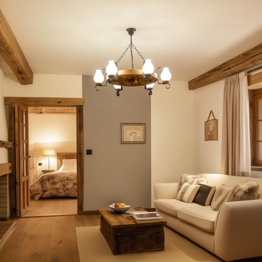 Brilagi - Lysekrone med kæde ROATA 6xE14/40W/230V Ø 70 cm i bøg