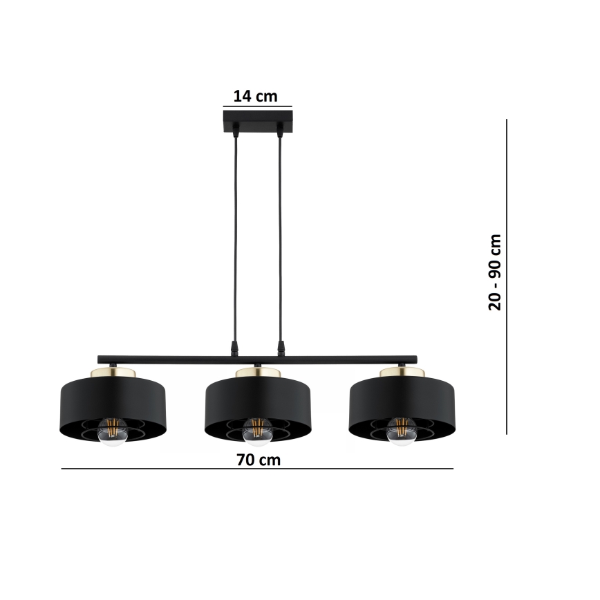Brilagi - Lysekrone med wireophæng 3xE27/60W/230V sort/guld