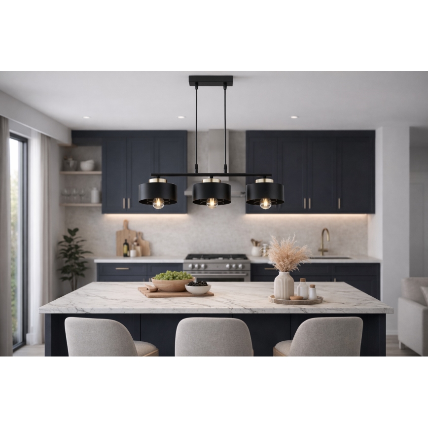 Brilagi - Lysekrone med wireophæng SPRING 3xE27/60W/230V sort/guld