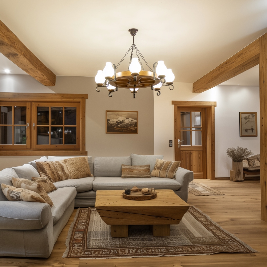 Brilagi - Lysekrone på kæde ROATA 8xE14/40W/230V Ø 70 cm bøg/valnød