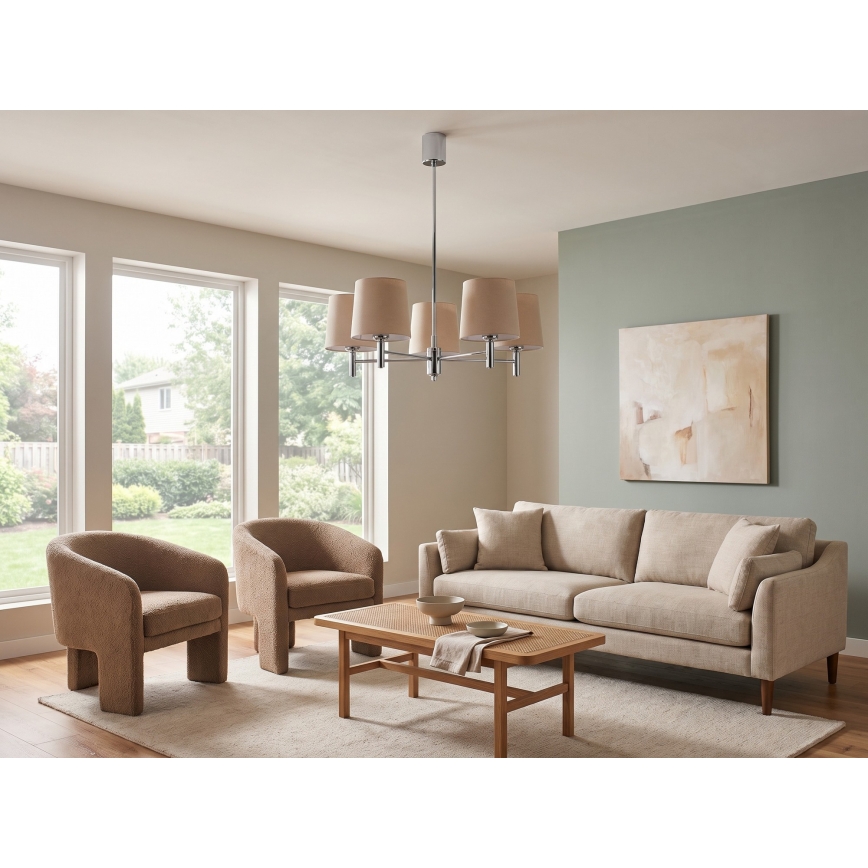 Brilagi - Lysekrone på stang MONTE 5xE27/15W/230V beige/blank krom