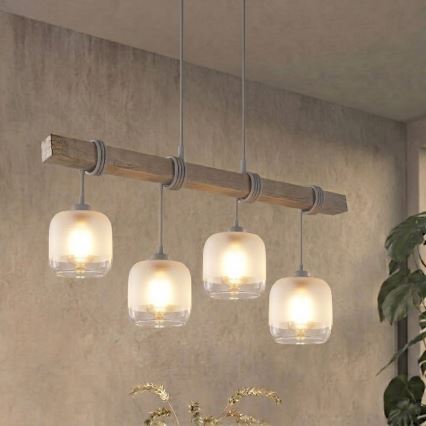 BRILAGI - Lysekrone på wire WOOD GLASS 4xE27/60W/230V fyr/grå/hvid