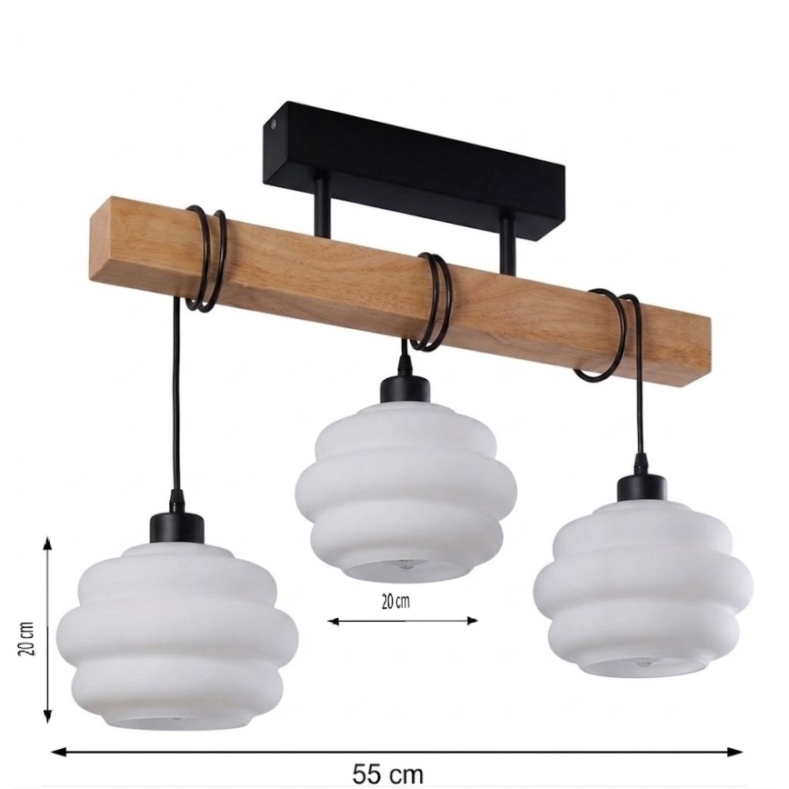 Brilagi - Nærloftlampe WOOD GLASS 3xE27/60W/230V fyrretræ/sort/hvid