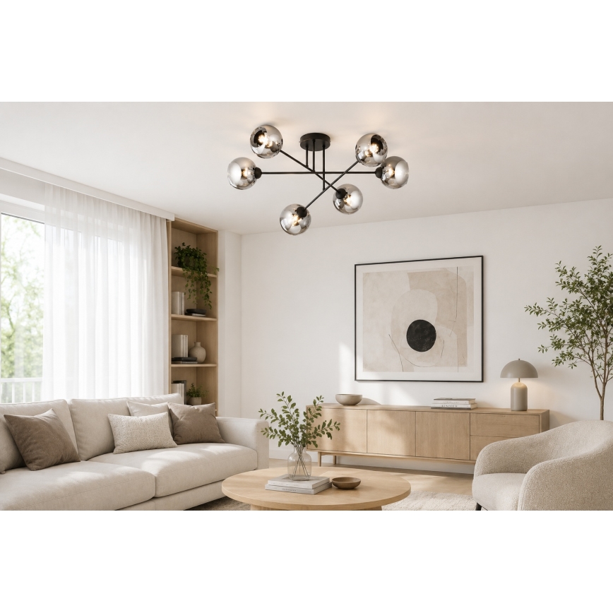 Brilagi - Nærloftmonteret lysekrone DIOR 6xE27/60W/230V sort/røget grå