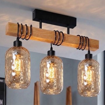 Brilagi - Overflademonteret loftlampe WOOD GLASS 3xE27/60W/230V fyrretræ/sort/røgbrun