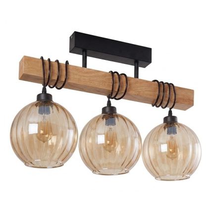 Brilagi - Plafondlampe WOOD GLASS 3xE27/60W/230V fyrretræ/sort/røget brun