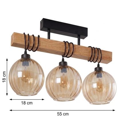 Brilagi - Plafondlampe WOOD GLASS 3xE27/60W/230V fyrretræ/sort/røget brun