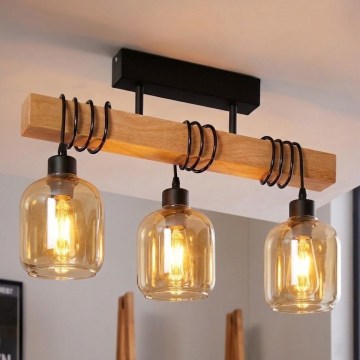 Brilagi - Overflademonteret loftlampe WOOD GLASS 3xE27/60W/230V fyrretræ/sort/røgbrun