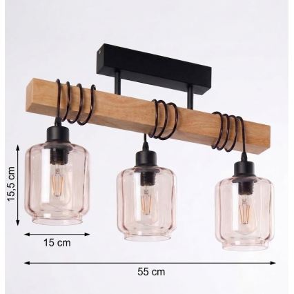 BRILAGI - Overflademonteret lysekrone WOOD GLASS 3xE27/60W/230V fyrretræ/sort/røget beige