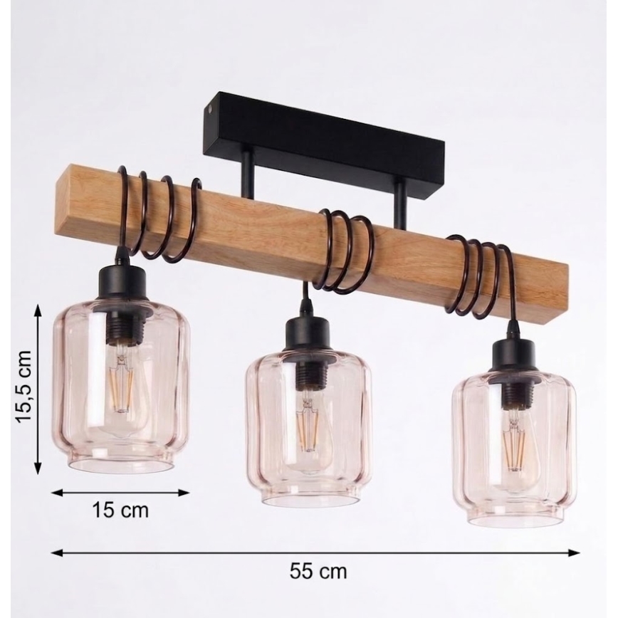 BRILAGI - Overflademonteret lysekrone WOOD GLASS 3xE27/60W/230V fyrretræ/sort/røget beige