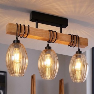 Brilagi - Overflademonteret loftlampe WOOD GLASS 3xE27/60W/230V fyrretræ/sort/røget beige