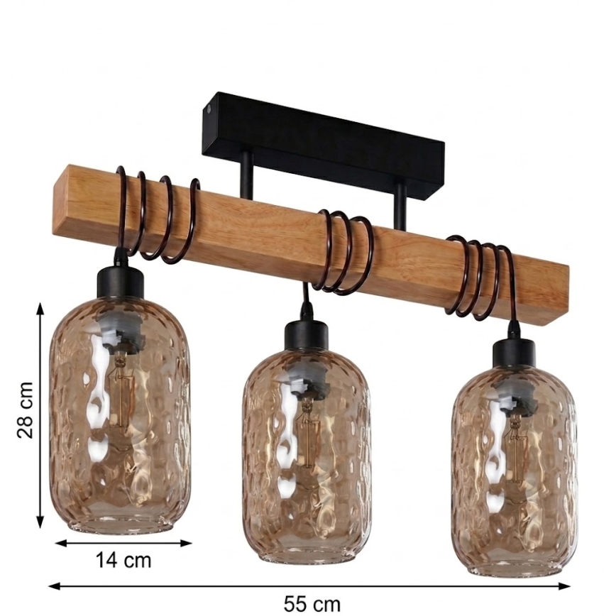 BRILAGI - Overflademonteret loftlampe WOOD GLASS 3xE27/60W/230V fyrretræ/sort/røgbrun
