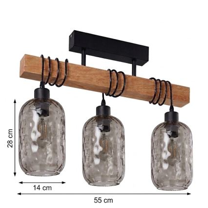 Brilagi - Overflademonteret loftlampe WOOD GLASS 3xE27/60W/230V fyrretræ/sort/røget grå