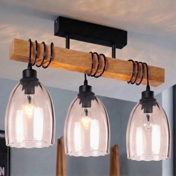Brilagi - Overflademonteret lysekrone WOOD GLASS 3xE27/60W/230V fyr/sort/røgbeige